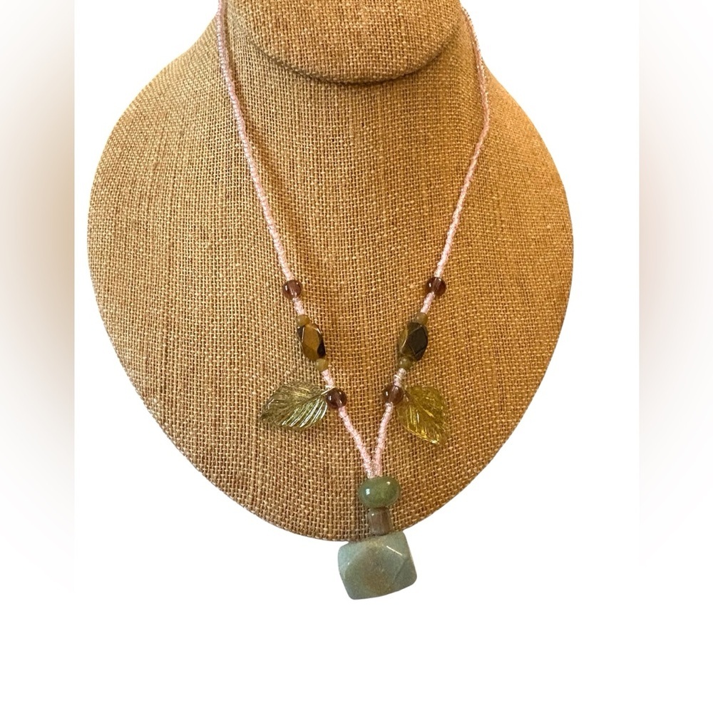 Seed Beaded Necklace with Stones and Glass Leaves with Lobster Claw Clasp